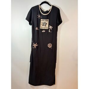 Bentley Maxi Shift Dress Beach Coastal Embroidered Pockets Cotton Black Casual-S